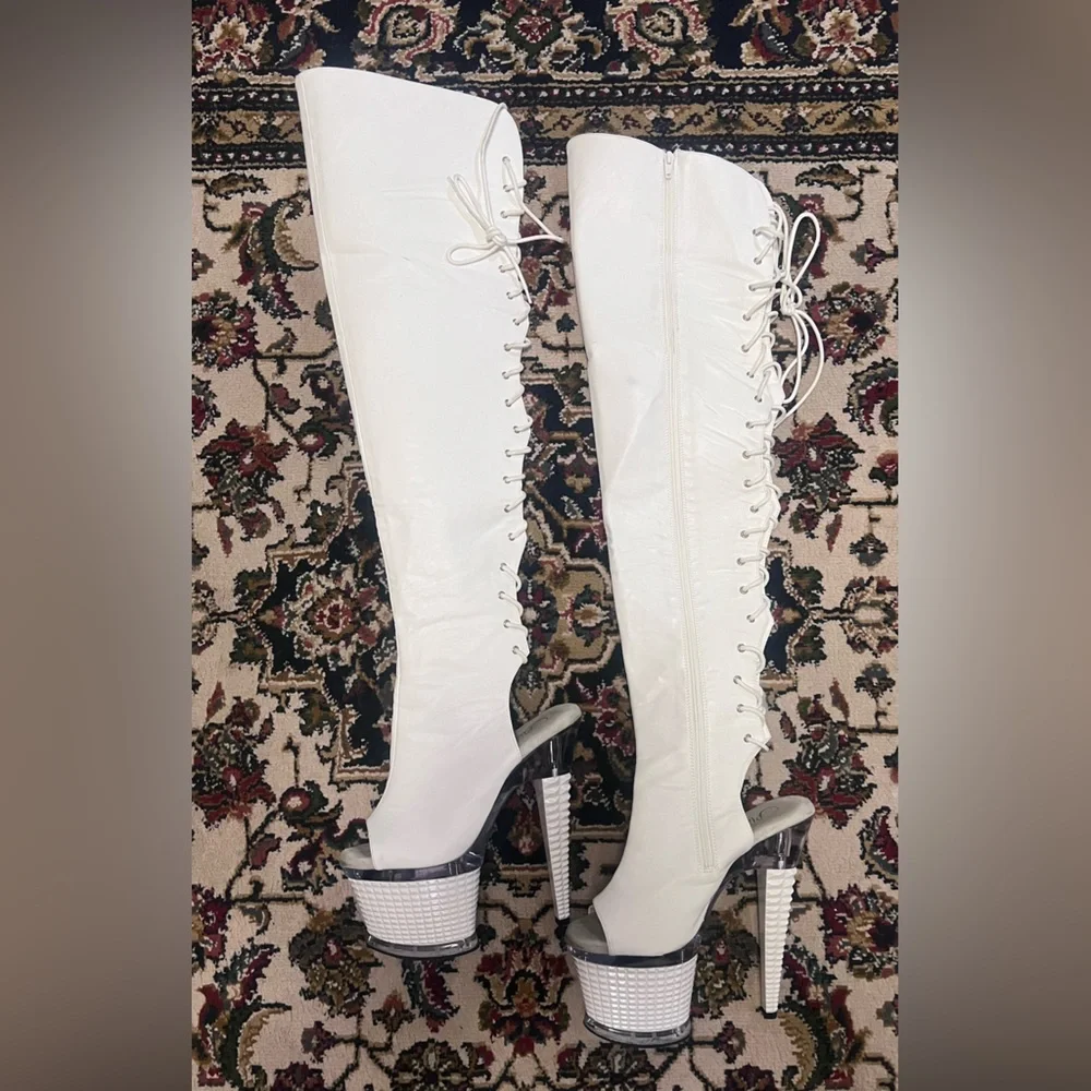 Pleaser White Lace-Up Thigh-High Platform Boots